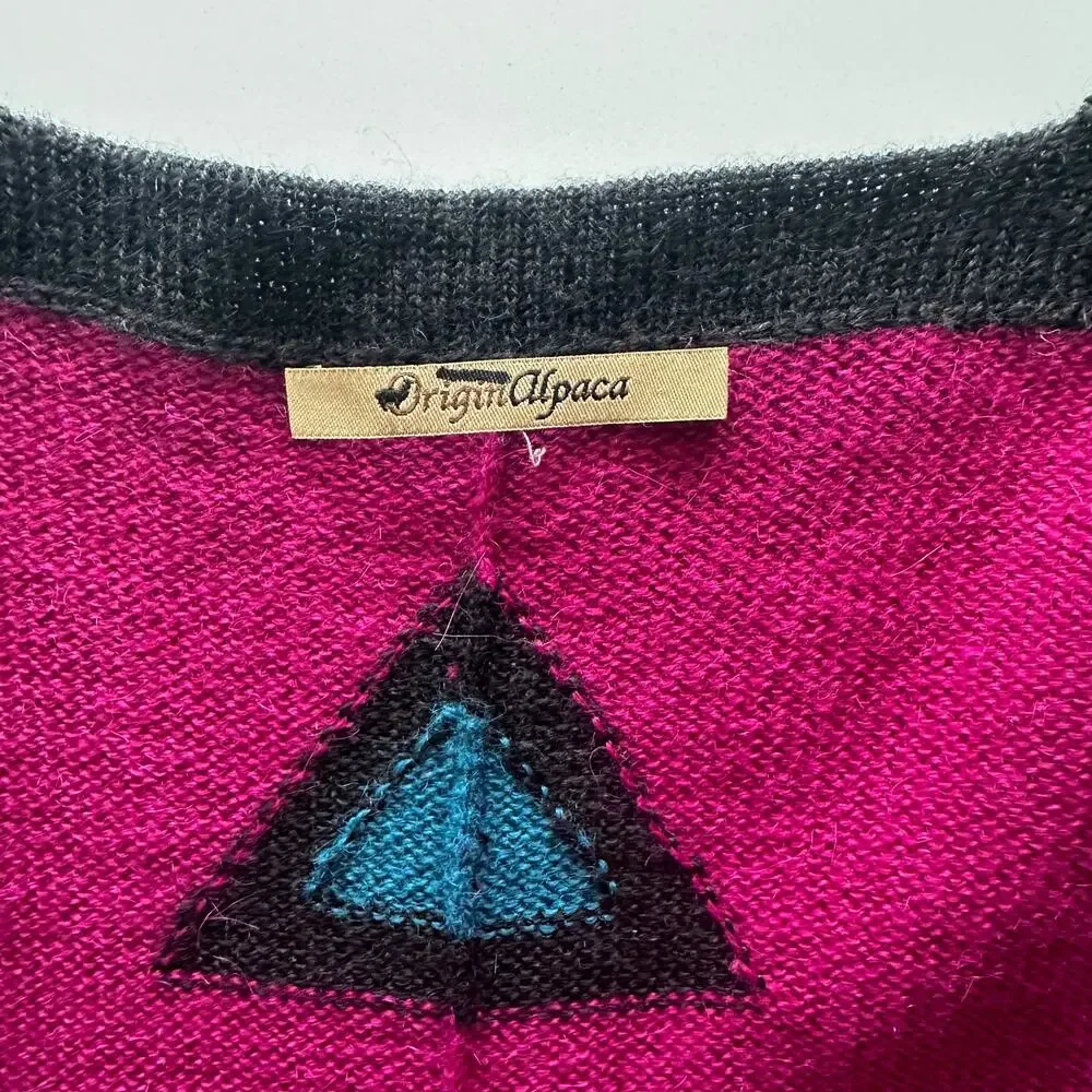 Origin Alpaca Bright‎ South American Graphic Pink Teal Knit Ruana Poncho Wrap OS